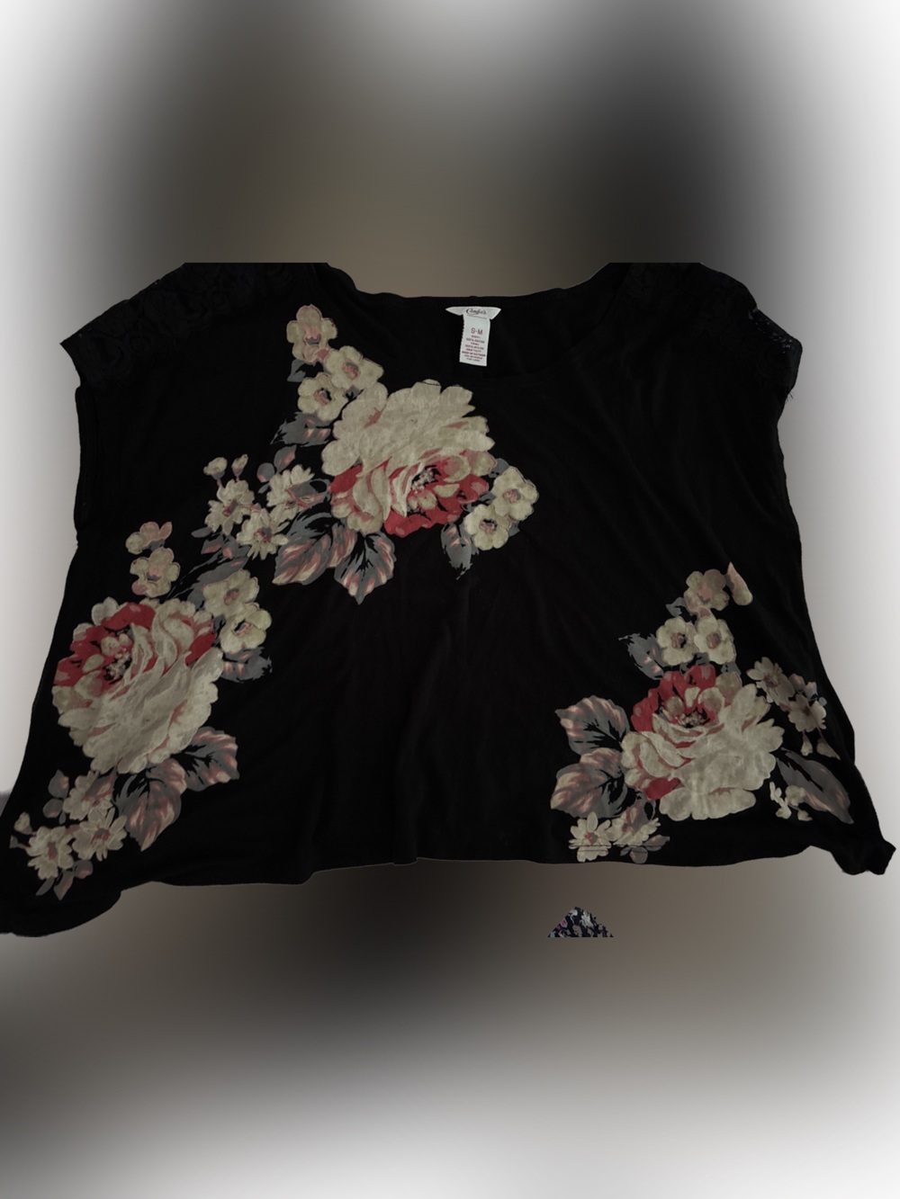 Candie's Black Floral Scoop Neck Top with Pink and Cream Roses